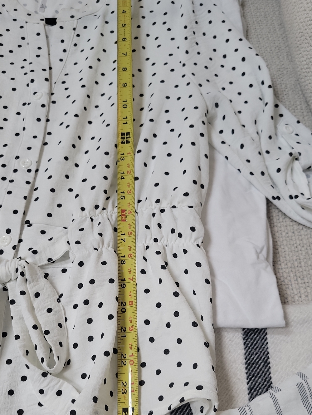Polka Dot Drawstring Waist Blouse - White/Black - Picture 6 of 6
